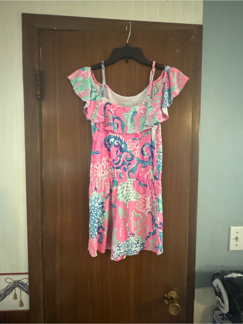 Lilly Pulitzer Pink & Blue Printed Ruffle-Shoulder Romper